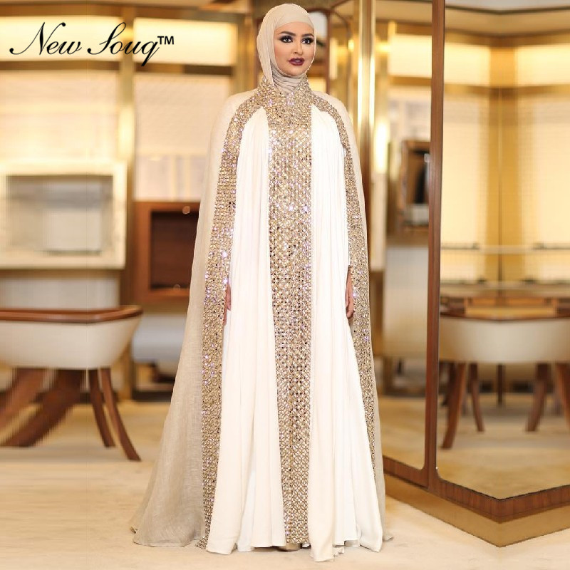 

Dubai Kaftan Arabic Islamic Muslim Evening Dresses Long Sleeves White and Champagne Rhinestone Evening Party Gowns Vestido Longo, Gold