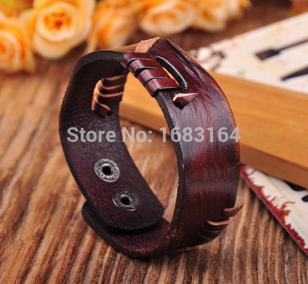 

Brown Cool Genuine Leather Wristband Bracelet Cuff Wrap Lined&Contrast New