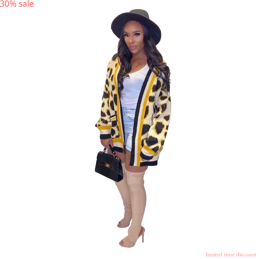 

Leopard Knit Cardigan Women 2019 Autumn Winter Clothing Womens Leopard Trench Coat Plus Size Casual Loose Windbreaker Coats, Yellow