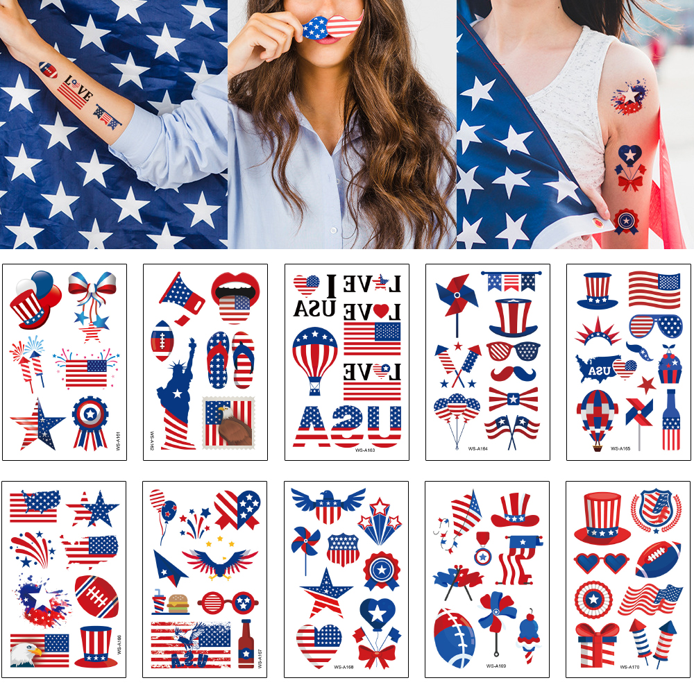 

American National Flag Face Tattoo Sticker for Woman Man Kids Body Arm Neck Chest Hand Art USA Temporary Tattoo Independence Day Celebration