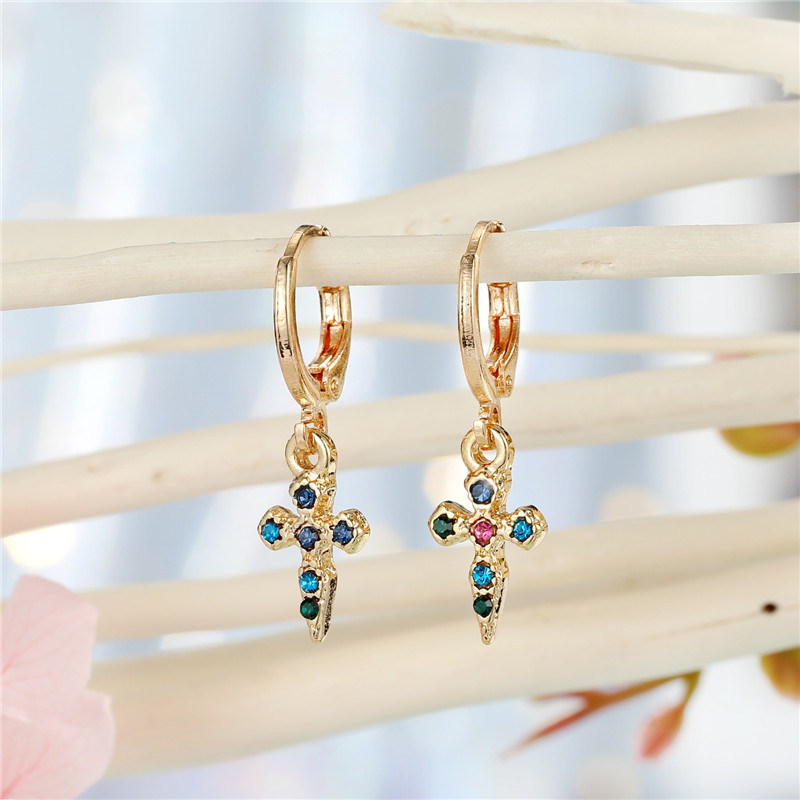

Hoop & Huggie 1Pair Simple Rainbow Crystal Cross Earrings For Women Colorful Rhinestone Geometric Long Bar Ear Stud Jewelry Gift