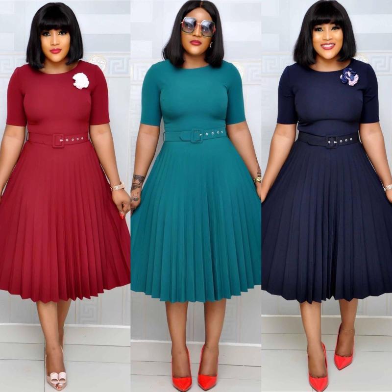 VITIANA femmes décontracté robe plissée été 2020 Femme à manches courtes col rond vert robes mi-longues Femme bureau robes avec ceinture