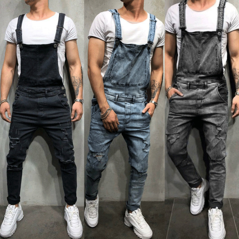 

Men Distressed Denim Overalls Suspender Trousers Bib Pants Skinny Jumpsuits Men Sets, Black