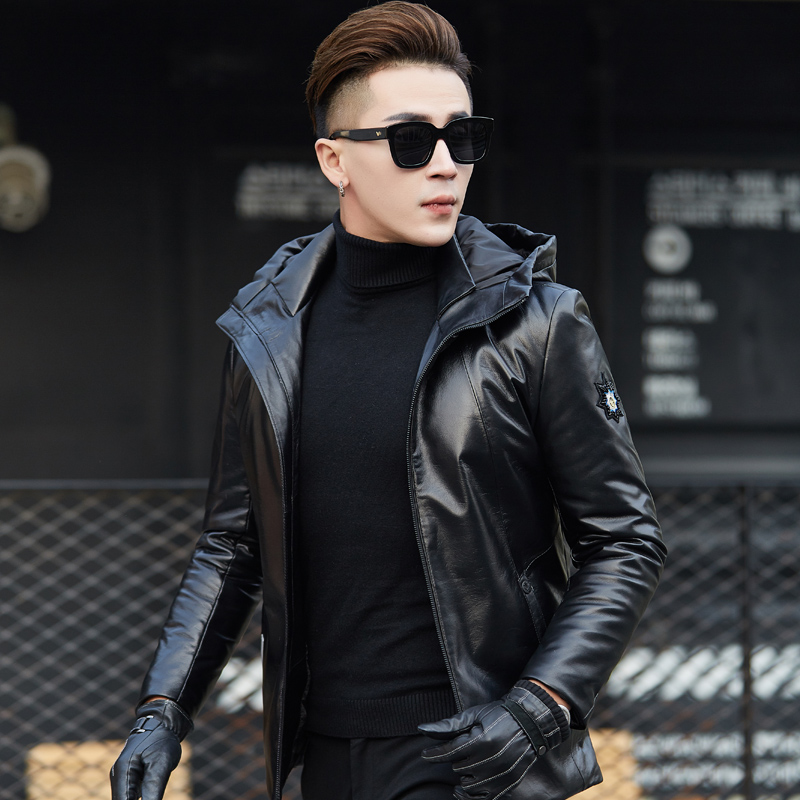 

Men Genuine Leather Jacket Winter Warm Jackets Mens Hooded Real Sheepskin Coat Duck Down Coats Jaqueta Couro XSLS28722 YY525, Black