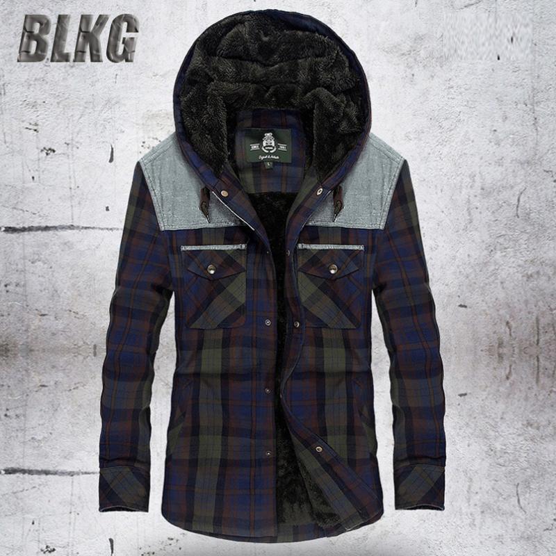 

BLKG Winter Jacket Men Warm Fleece Jacket Coat Pure Cotton Plaid Hooded Jackets Coats Single Breasted Chaquetas Hombre, Army green