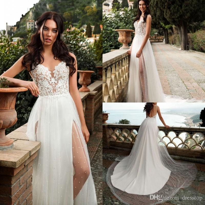 

Innocentia A Line Wedding Dresses V Neck Garden Lace Bridal Gowns Thigh Slit Backless Boho Plus Size Wedding Dress Cheap Vestido De Novia, Silver