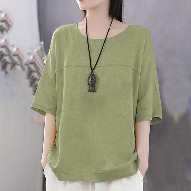 

Plus Size Fashion Solid Blouse Cotton Linen O-Neck Loose Tops Casual Summer Ladies Top Female Women Short Sleeve Blusas Pullover, Navy