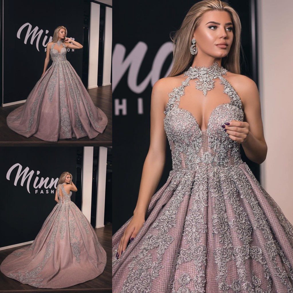 

2020 Elegant Evening Dresses High Collar Sleeveless Lace Beads Prom Gowns Custom Made Sweep Train A Line Special Occasion Dress, Silver