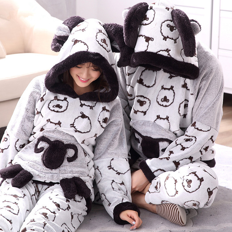 

Soft warm women winter Goat pajamas set thick warm animal print mens sleepwear suit ears hooded couples home clothing, For women