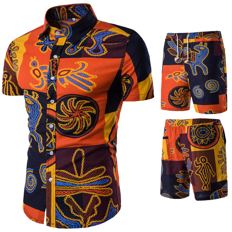 Nouveau été 2020 mode floral imprimer deux pièces de costume pantalon slim ajustement chemise à manches courtes avec shorts 2 pièces d'hommes ens