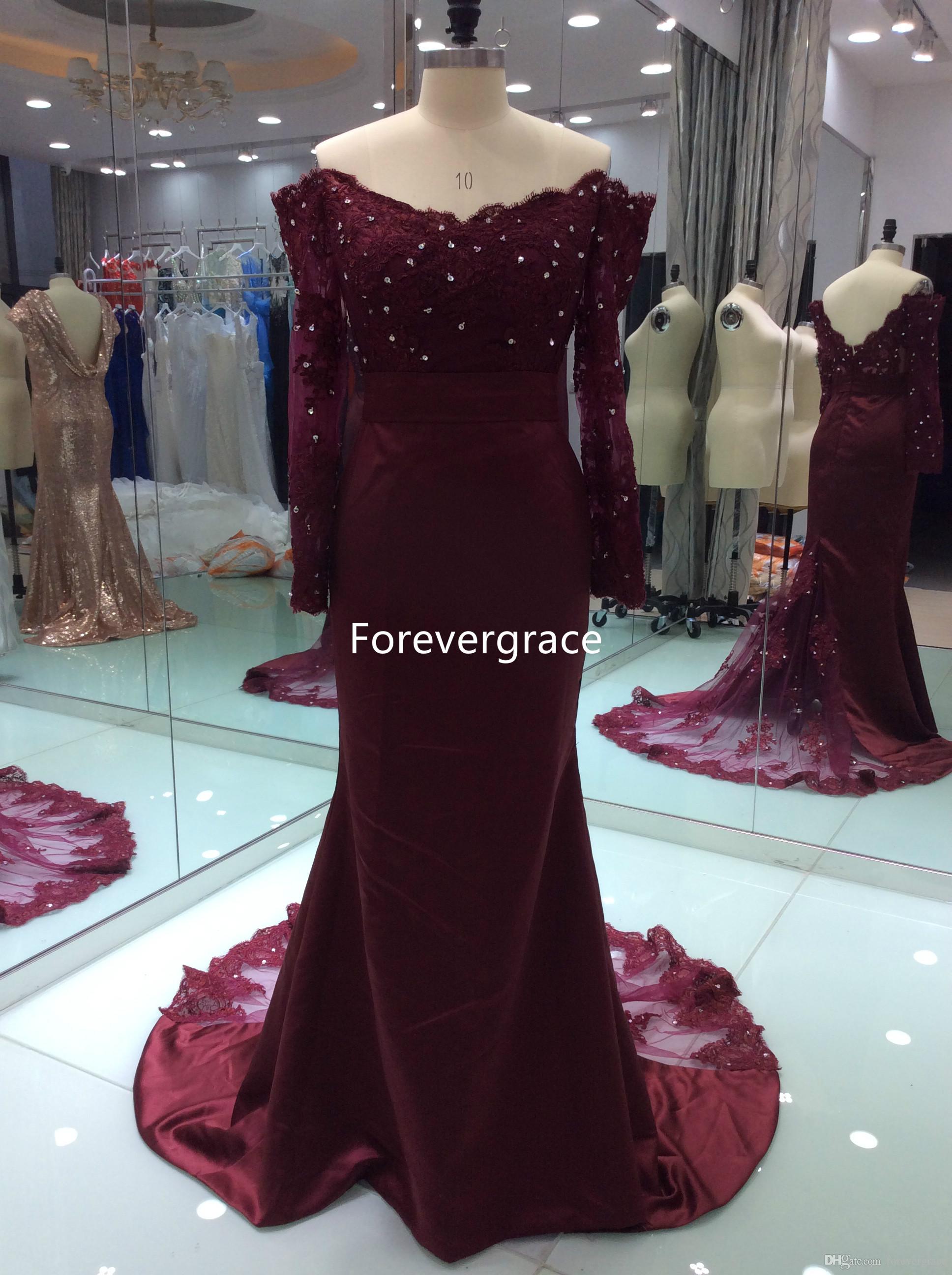 

2019 Real Photos New Arrival Burgundy Lace Applique Evening Dress Modest Long Sleeves Formal Party Gown Custom Made Plus Size, Gray