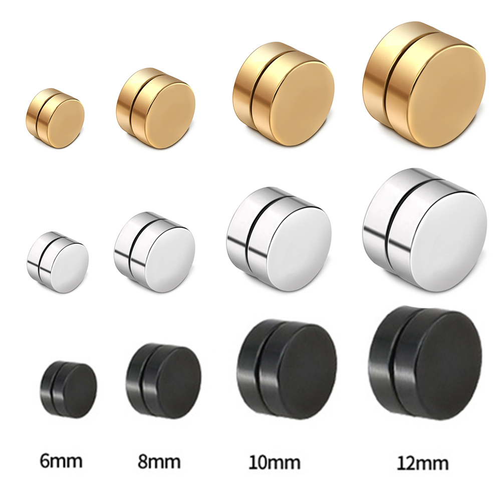 

6/8/10/12mm Hot Double Side Black Silver Color Magnet Round Circle Punk Stud Earrings Stainless Steel Men's Magnetic Ear Studs