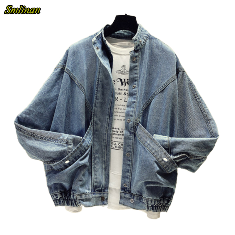 

Smlinan Streetwear Vintage Denim Jacket Women Spring Autumn Loose Casual Coat Female Mandarin Collar Single Breasted Jeans Coats, Blue