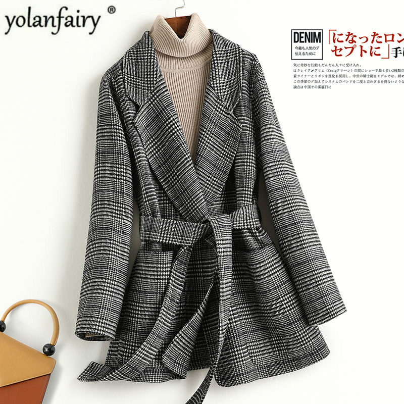 

100% Wool Coat Female Plaid Jacket Vintage Coat Korean Spring Fall Clothes for Women Elegant 2020 Manteau Femme KQN30168 KJ4800