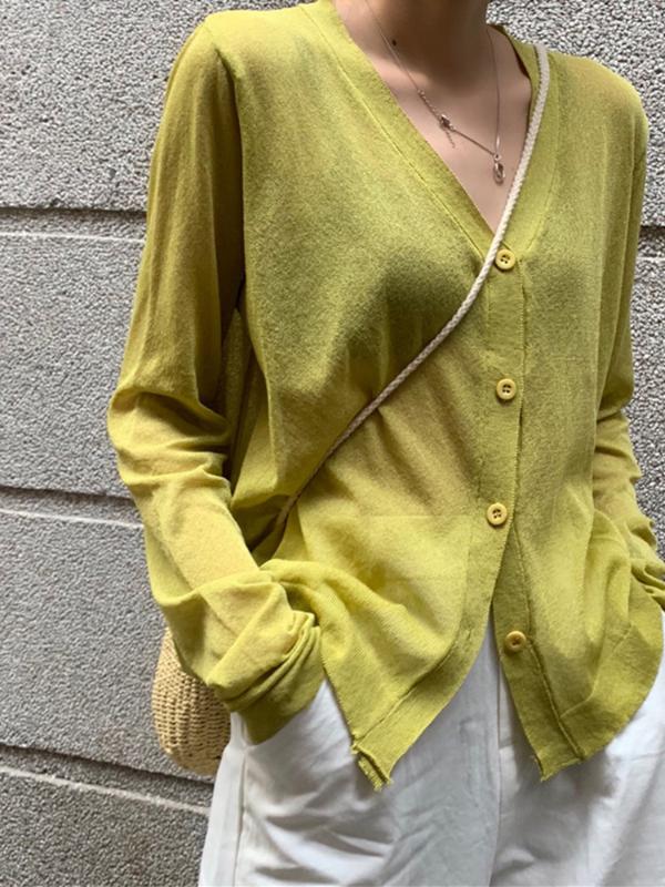 

EWQ] Spring Summer 2020 Long-sleeved V-neck Knit Trendy Women Shirt Coats Thin Casul Tops Blouses Simple 5 Colors Blusas QX813, Black