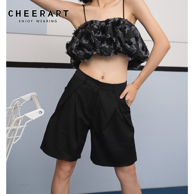 

CHEERART Black Summer Short Women High Waist Wide Leg Ruched Shorts Causal Korean Femme Shorts 2020, As pic