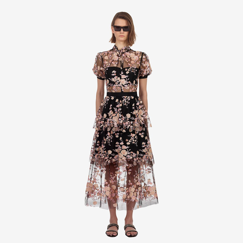 

A Line Lace Short Sleeve Luxury Women Mesh Long Dresses 2019 Runway Summer Embroidery Floral Stand Patchwork Ruffles Holiday PartyDress, Same as picture