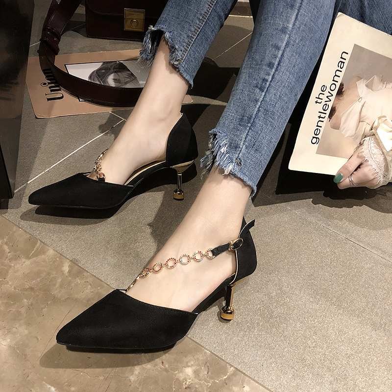 

2020 Spring style single shoes women's high heel personalized ankle buckle metal decoration sexy women's shoes, Black