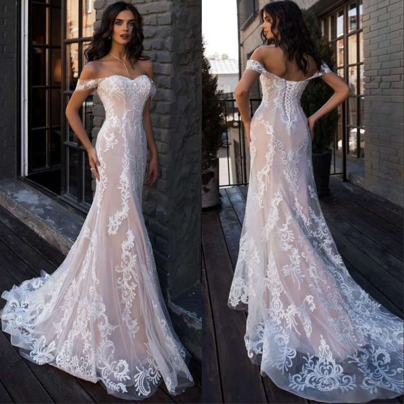 

Elegant Blush Pink Lace Mermaid Wedding Dresses Sexy Off the Shoulder Corset Back Appliqued Court Train Bridal Gowns Custom, Same as image