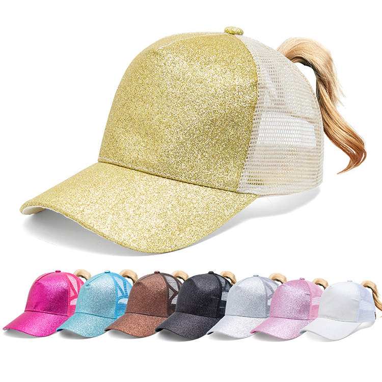 

7 colors Glitter Ponytail baseball cap Women Snap Back Mesh Summer hat Female ponytail baseball tennis Sports cap hat JJ424, Yellow