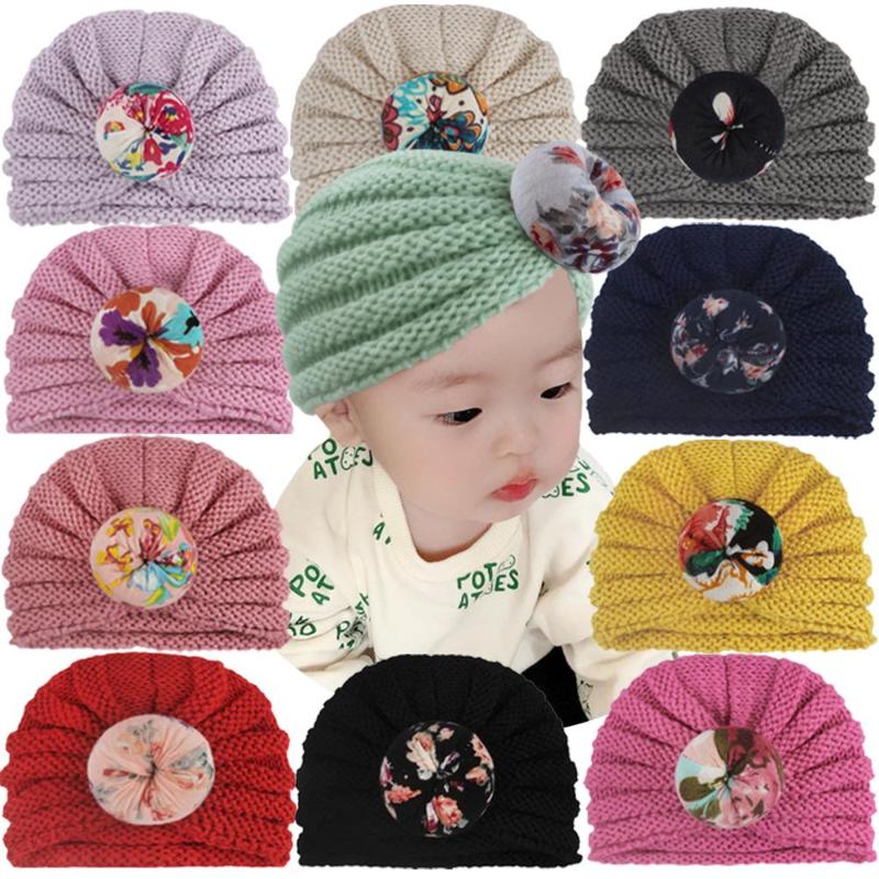

5pcs/lot Round Ball Turban Soft Crochet Head Wrap For Girls Winter Kids Printed Elastic Headband Hair Bands Hair Accessories