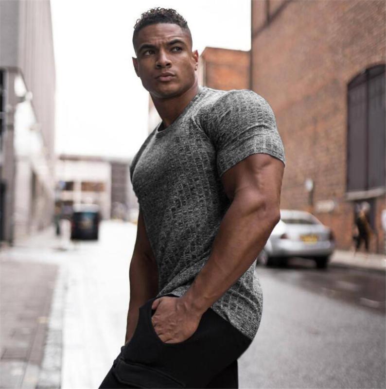 

Summer Knitted Gym Shirt Sport T Shirt Men Short Sleeve Running Men Workout Training Tees Sports Fitness T-shirt Rashgard, Red