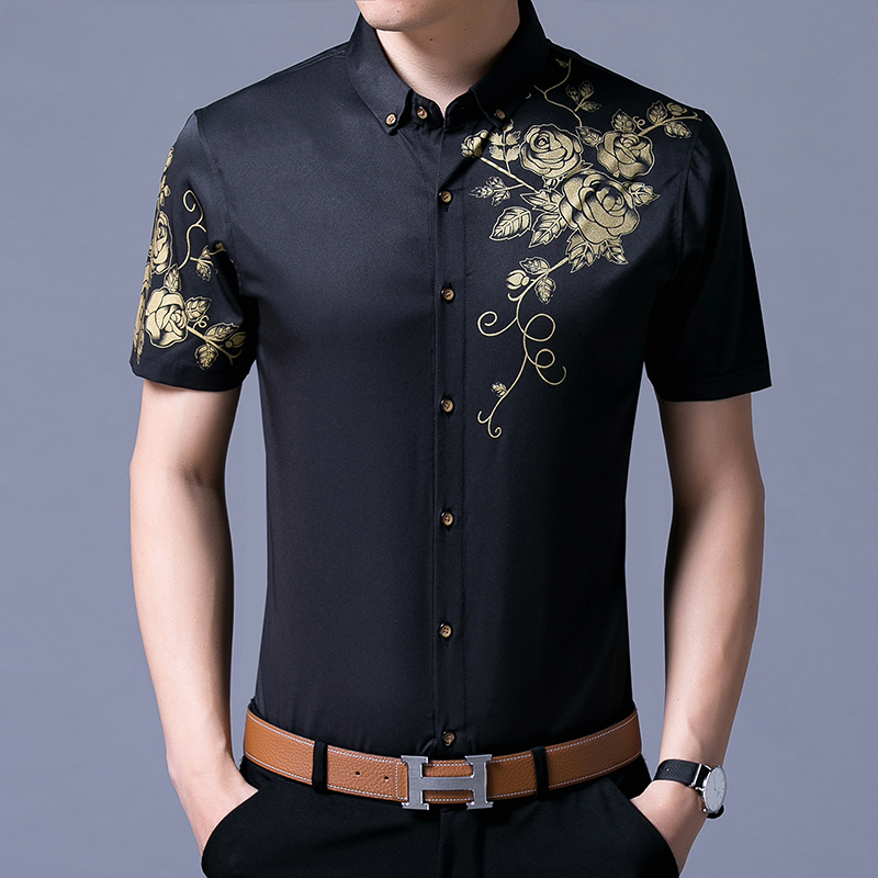 

2020 New arrival men' summer floral shirts new cheap high quality fashion design flowers printed male short sleeve dress shirt, Black