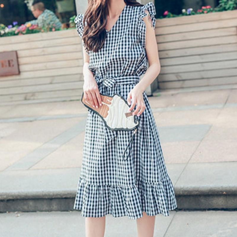 

2020 New Style Fashion Elegant Women Sexy Plaid Belt Ruffle V-neck Dress Formal Long Dress Sexy Clubwear