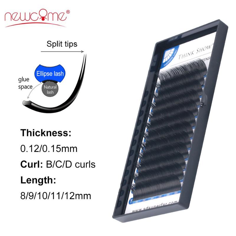 

NEWCOME 12Rows Individual Ellipse Flat Eyelashes Extension Soft Natural Matte Cilios Split Tips Ellipse Shaped False Mink Lashes