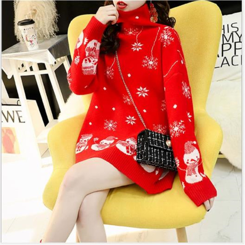 

New 2020Stylish Christmas Sweater Pullover Women Autumn Winter Pull Femme Snowman Snowflake Turtleneck Thick Knitwear Mujer H302, Red