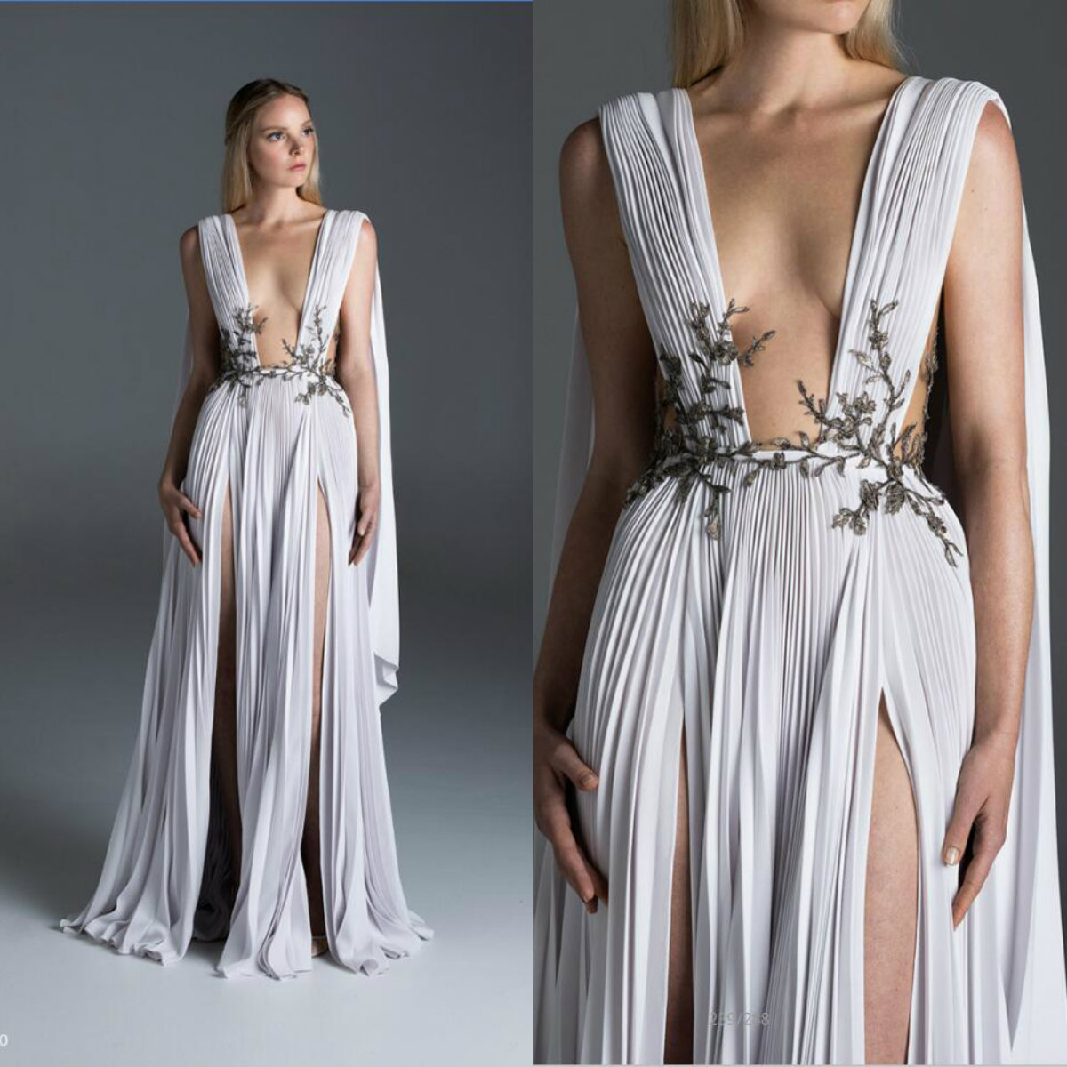 

2020 Paolo Sebastian Sexy Evening Dresses Side Split Chiffon V Neck A Line Fairy Prom Dress Custom Made Cutaway Sides Formal Party Gown, Brown