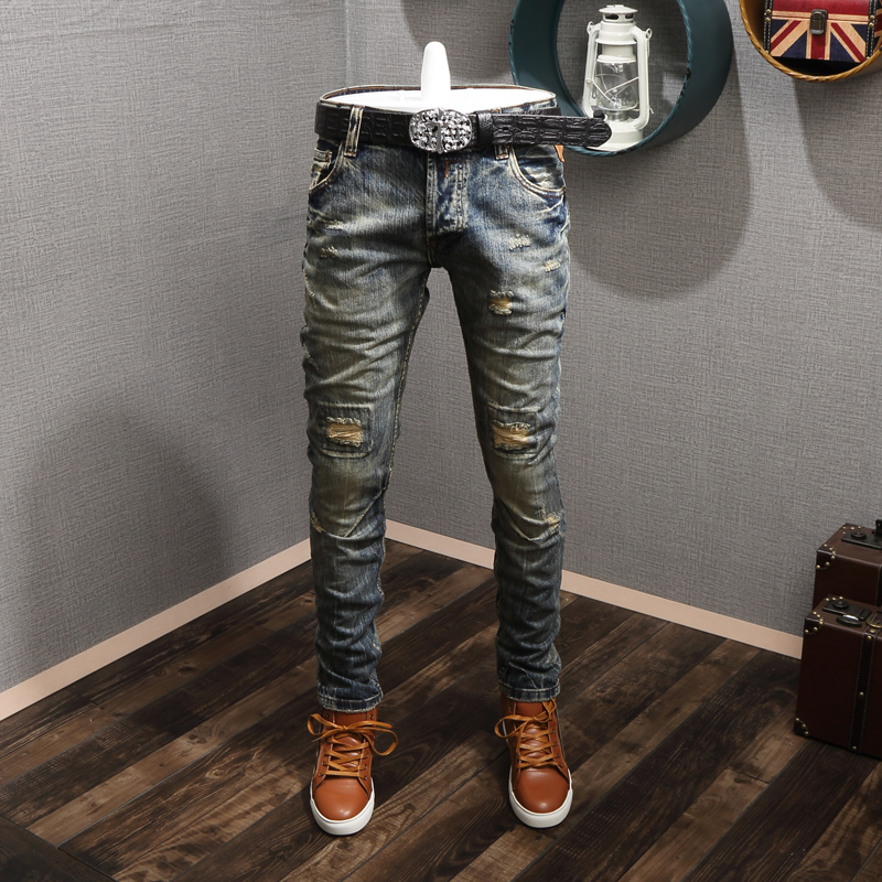 

Italian Style Fashion Men Jeans Retro Yellow Vintage Designer Ripped Jeans High Quality Streetwear Slim Fit Hip Hop Men