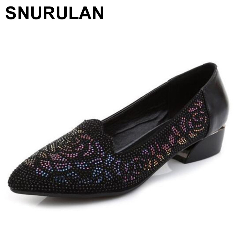 

SNURULAN 2020autumn new pointed shallow mouth rhinestone shoes women fashion shoes comfort non-slip low heel woman banquet, Black