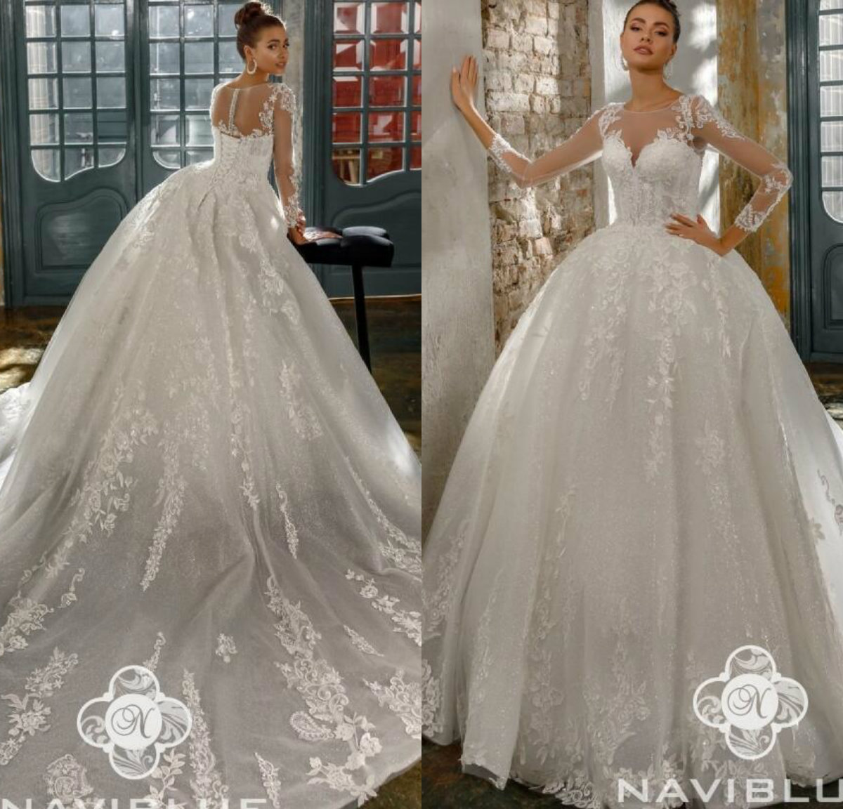 

2020 Princess Naviblue Wedding Dresses Jewel Neck Lace Applique Sequins Country Vestidos De Novia A Line Long Sleeve Boho Wedding Dress, Khaki