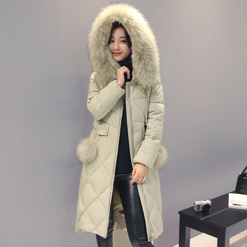 

Puffer Coat Artificial Fur Collar White Duck Down Mid-Length Hooded Warm Long Puffer Jacket 2019 Fashion Loose Women Coat, Light green
