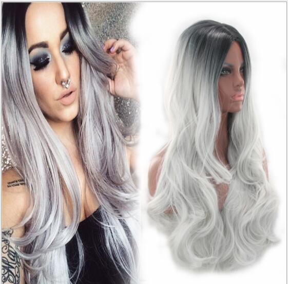 

New popular animation wig color dye black gray gradual change Harajuku wig long roll discovery wholesale