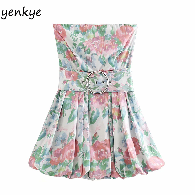 

Floral Print Sexy Off Shoulder Dress Women Backless Sleeveless With Belt Mini Dress Summer vestidos XNWM9243, As pic