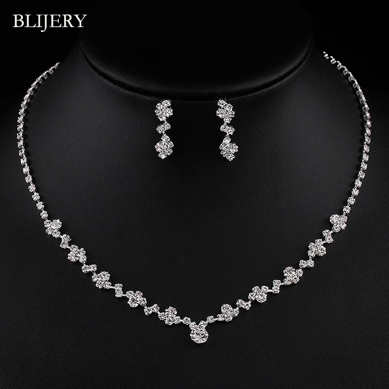 

Silver Plated Crystal Bridesmaid Bridal Jewelry Sets Geometric Choker Necklace Earrings for Women Wedding Jewelry Sets, White