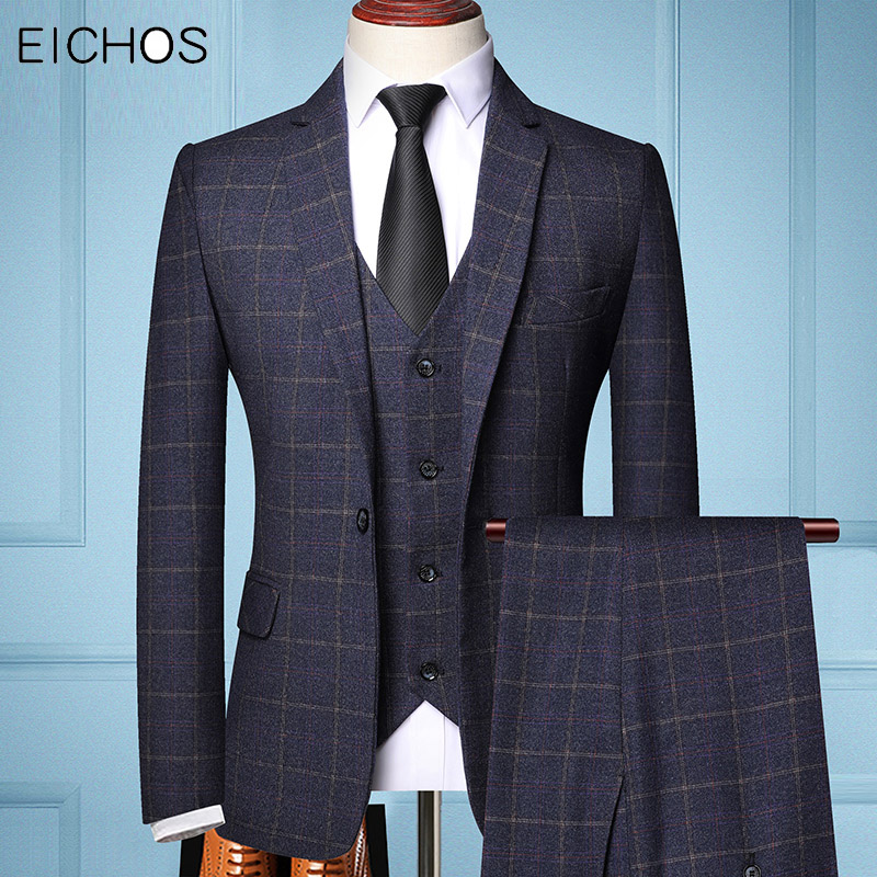 

Men Suits Formal Business Casual Regular Slim Fashion Plaid Suits For Men Wedding Dresses Groom Party Tuxedo Man Brand Classic, Gray