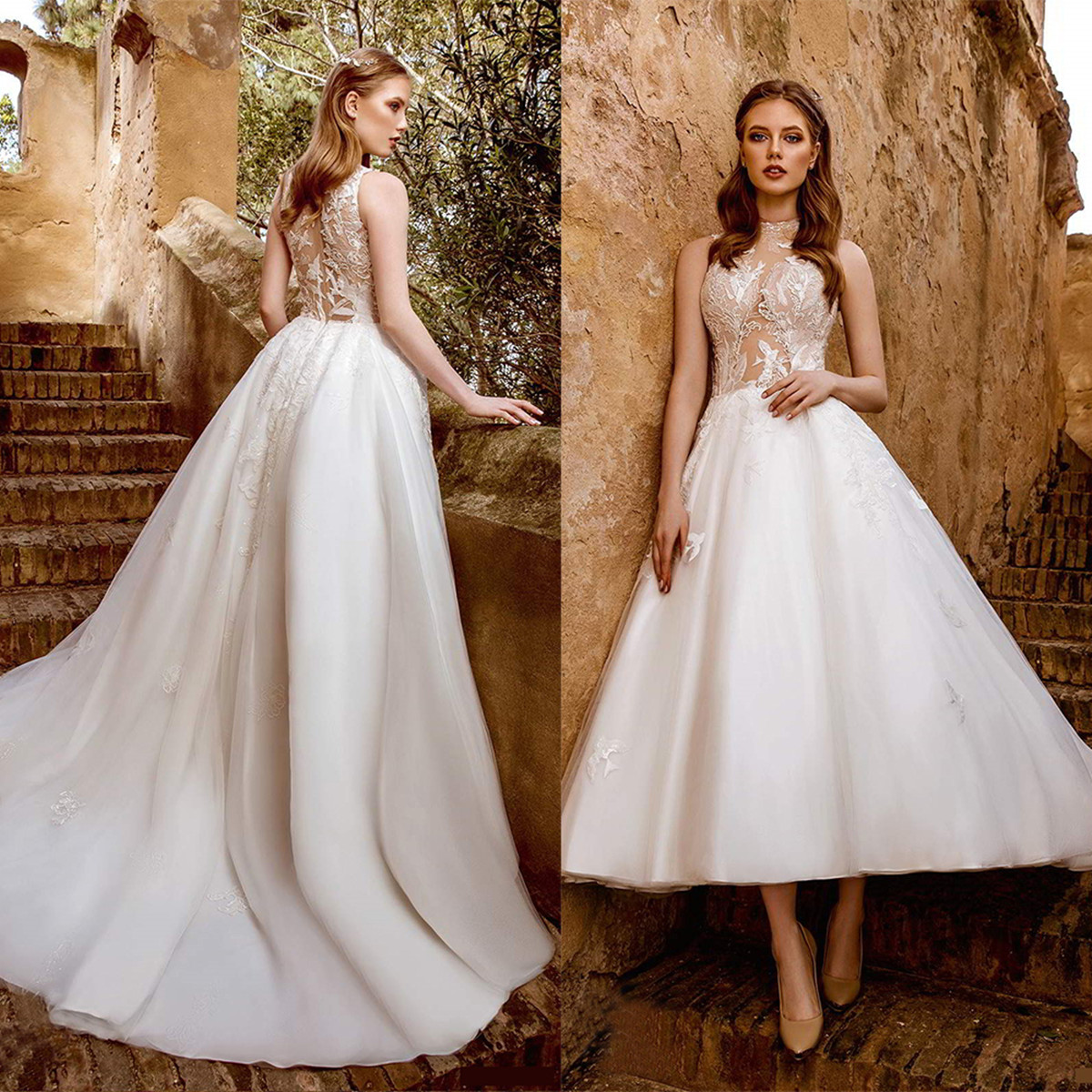 

2021 Elegant Wedding Dresses High Collar Sleeveless Lace Appliques Bridal Gowns Custom Made Zipper Back Hi-Lo A-Line Wedding Dress, Gold