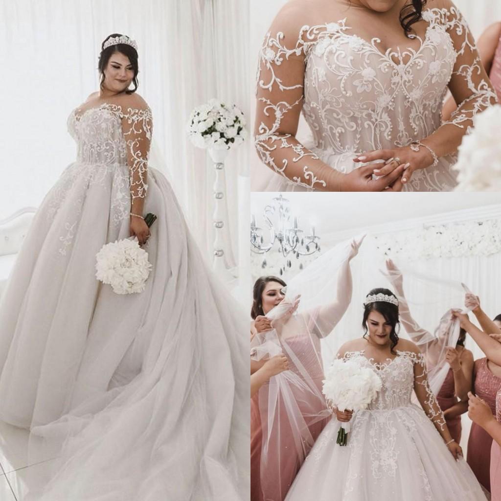 

Plus Size Wedding Dresses 2020 Sheer Long Sleeves Lace Appliqued Tulle Court Train Garden A Line Wedding Dress, Silver