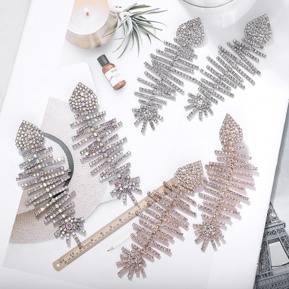 

Wholesale- designer exaggerated lovely cute ocean fish bone glittering diamond crystal long tassel pendant stud earrings for women girls