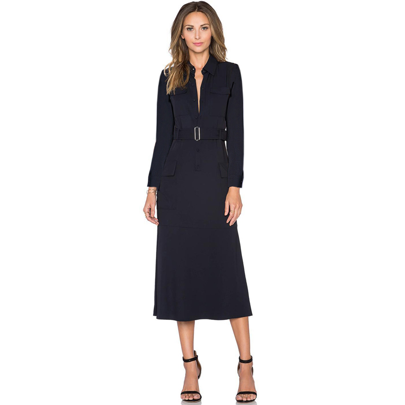

Runway Designer High Quality Autumn New Women' Workplace Sexy Vintage Elegant Chic Fashion Party Long Sleeve Lapel Midi Dress, Navy blue