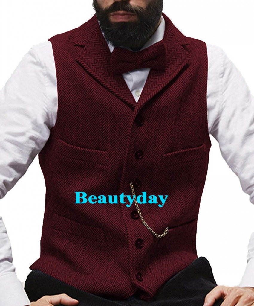 

2020 Fashion Wool Groom Vests Farm Wedding Vintage Brown Tweed slim fit Tailor Made Men Attire Party Groomsman Vest Prom 9 Colors, As pictures