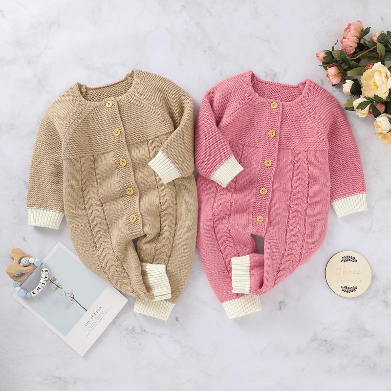 

New Kids Newborn Girls Casual Rompers Boys Autumn Winter Long Sleeve Solid Sweater Warm Button Tops Thick Wear 2020, Brown