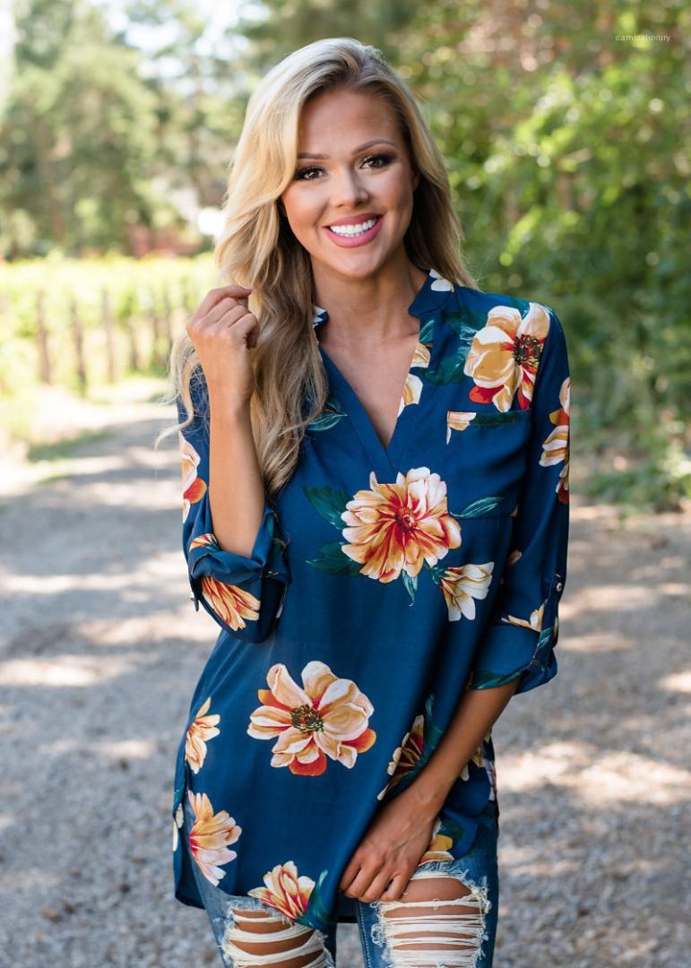 Summer Fitness Shirts Female Fashion Clothing New Arrival Floral Printed Womens V-Neck Blouses Spring