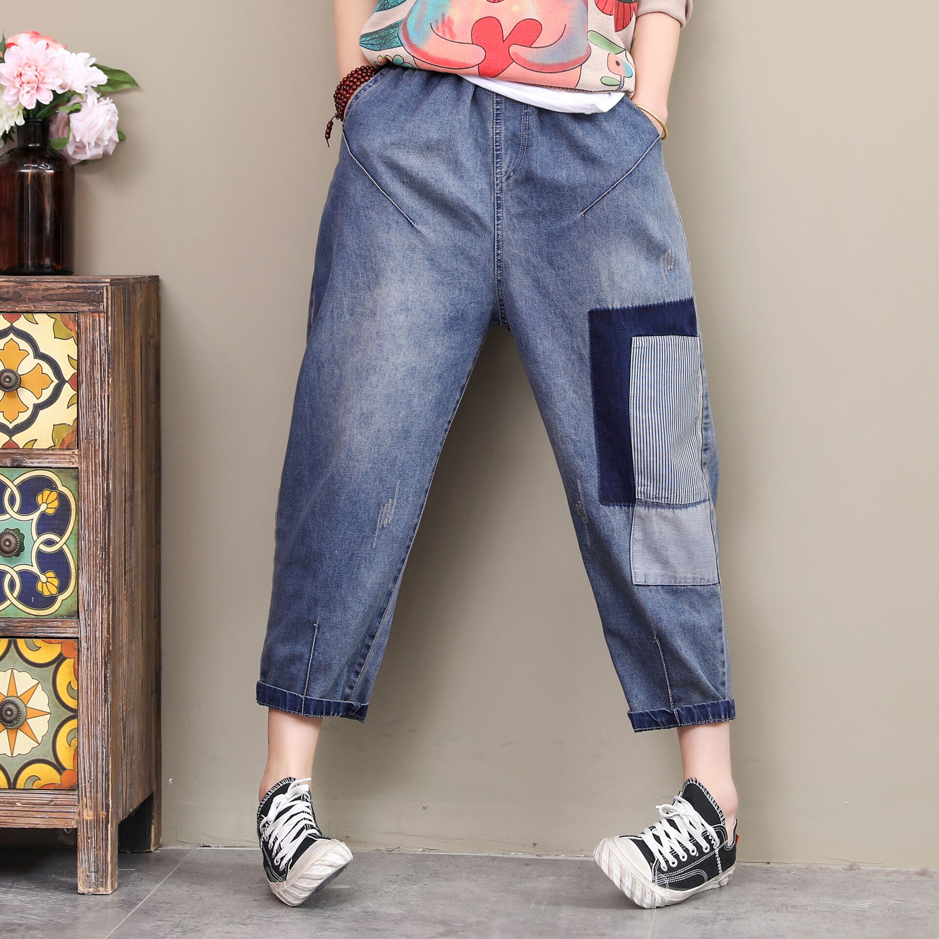 

Blue White Black Feer Patch Leisure Female Elastic Waist Straight Leg Bk4413