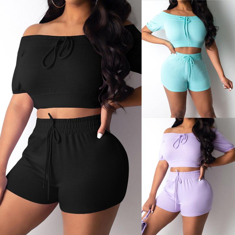 

2 Piece Short Set Fashion Womens Sexy Solid Bandage Tracksuit Short Sleeve Tops Sports Shorts Set 2020 Summer Fitness, Blue