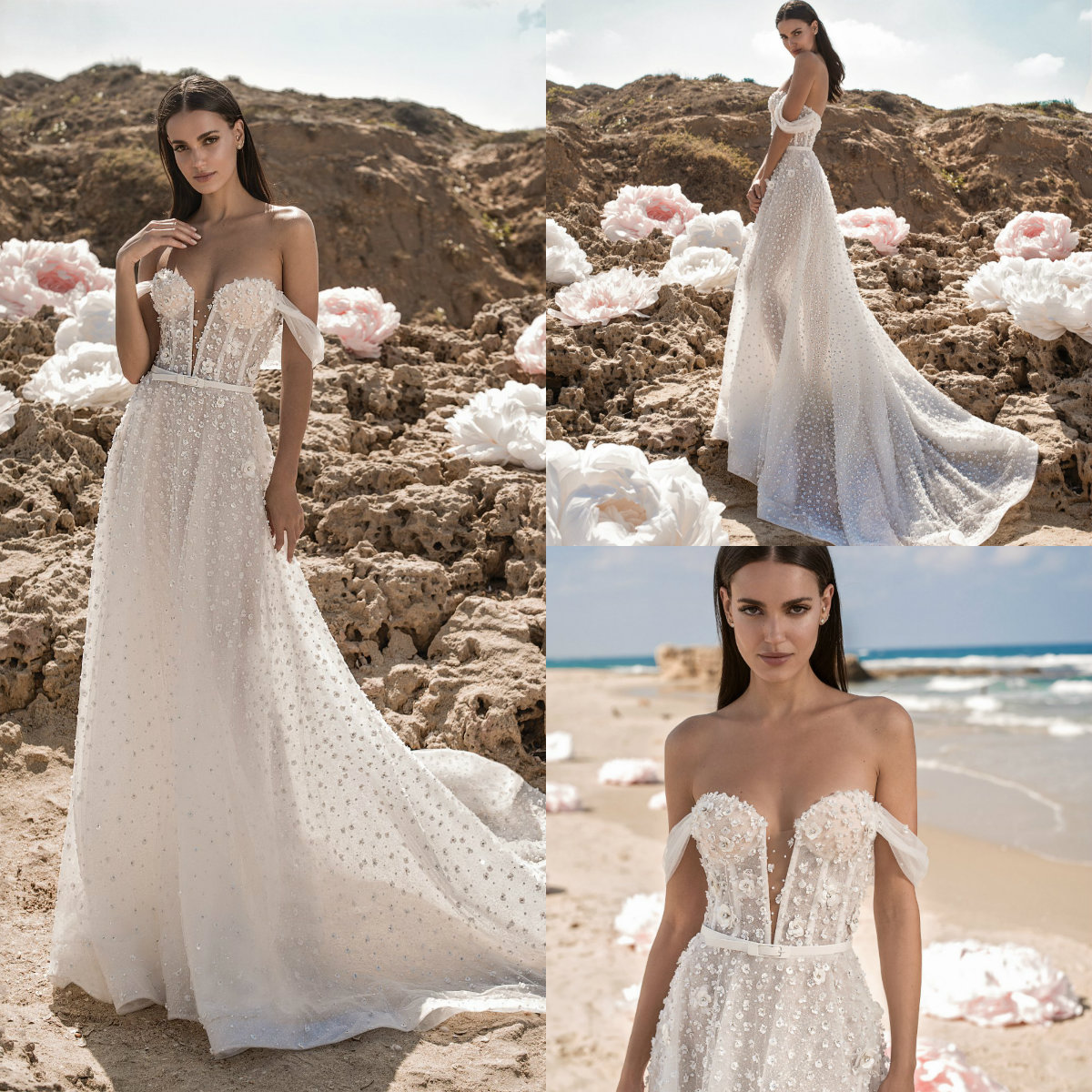 

2019 Beach A Line Wedding Dresses Off The Shoulder Lace 3D Floral Appliqued Bohemian Wedding Dress Pearls Custom Sexy Plus Size Bridal Gowns, Pink