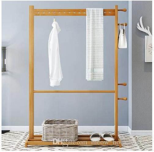 Bamboo hanger clothes tree Bedroom shelf bamboo clothes rack Household floor hanger Bathroom towel rack Bedroom Furniture-image-517257279